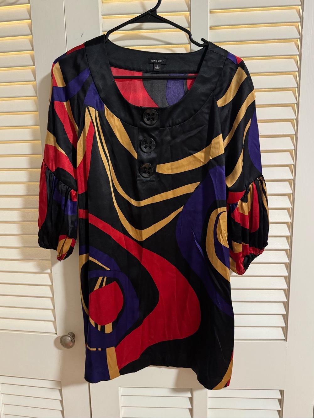 Nine West Black Tunic Top with Red, Purple & Gold Abstract Swirls